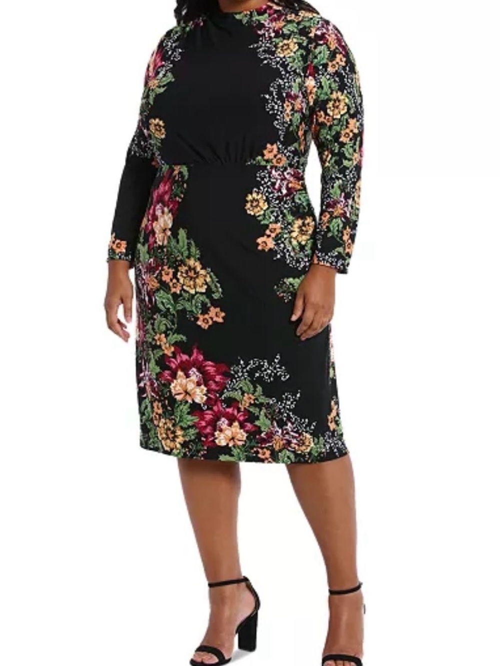 London Style Black Floral Long Sleeve Midi Dress
